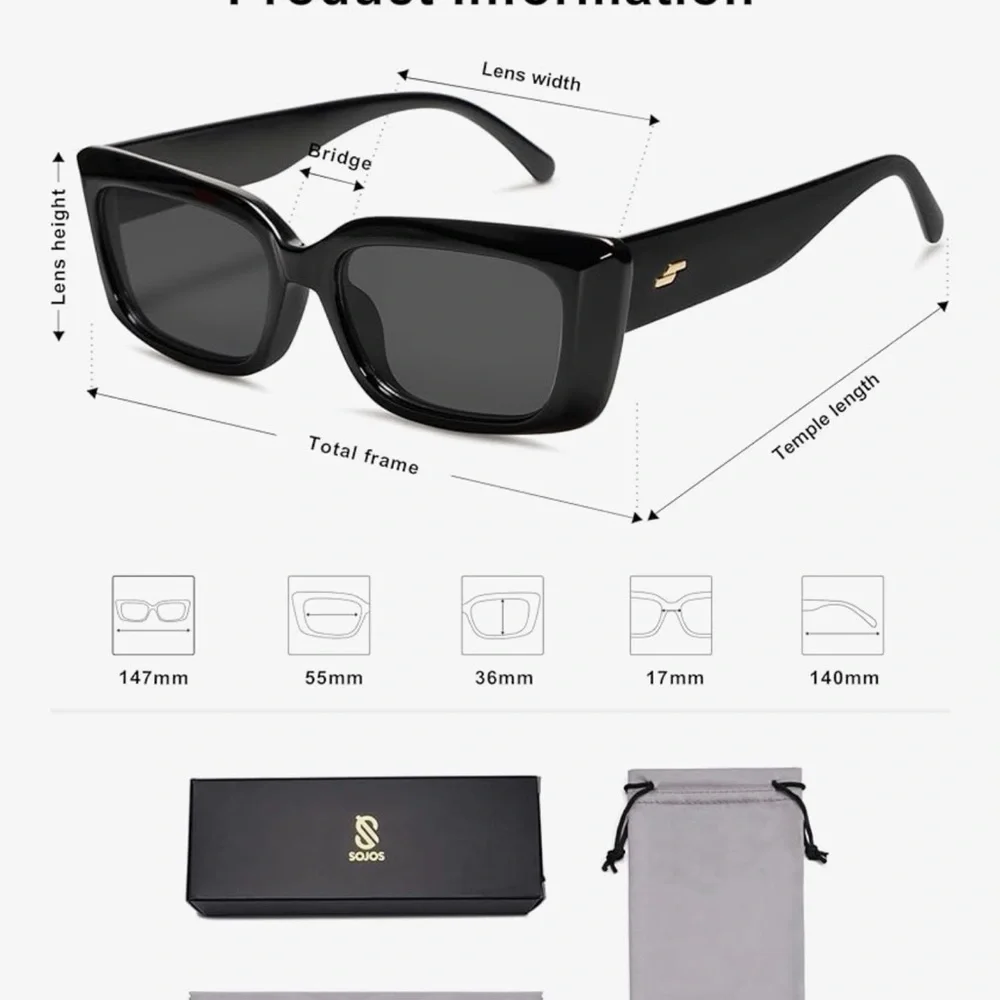 SOJOS Black Rectangle Women's Sunglasses